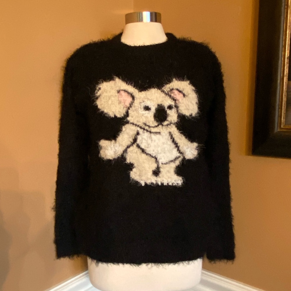 MINKPINK Koala Eyelash Fuzzy Knit Sweater Black Cute Graphic S